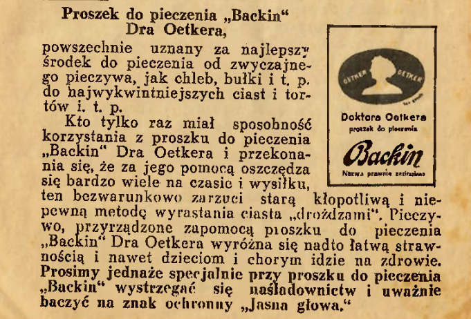 Reklama proszku do pieczenia „Backin".